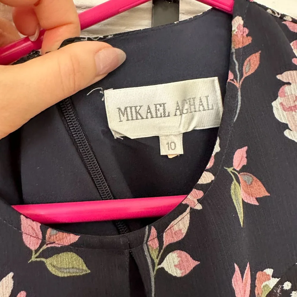 Mikael Aghal Pleated Floral-Print Crinkled Georgette Gown Midnight Blue Size 10 - Picture 3 of 7